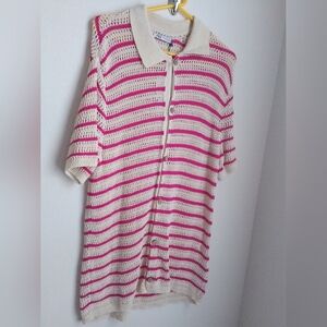Zara Cardigan Women M Cream and Pink Knit Sweater Layering Academia Office Y2K